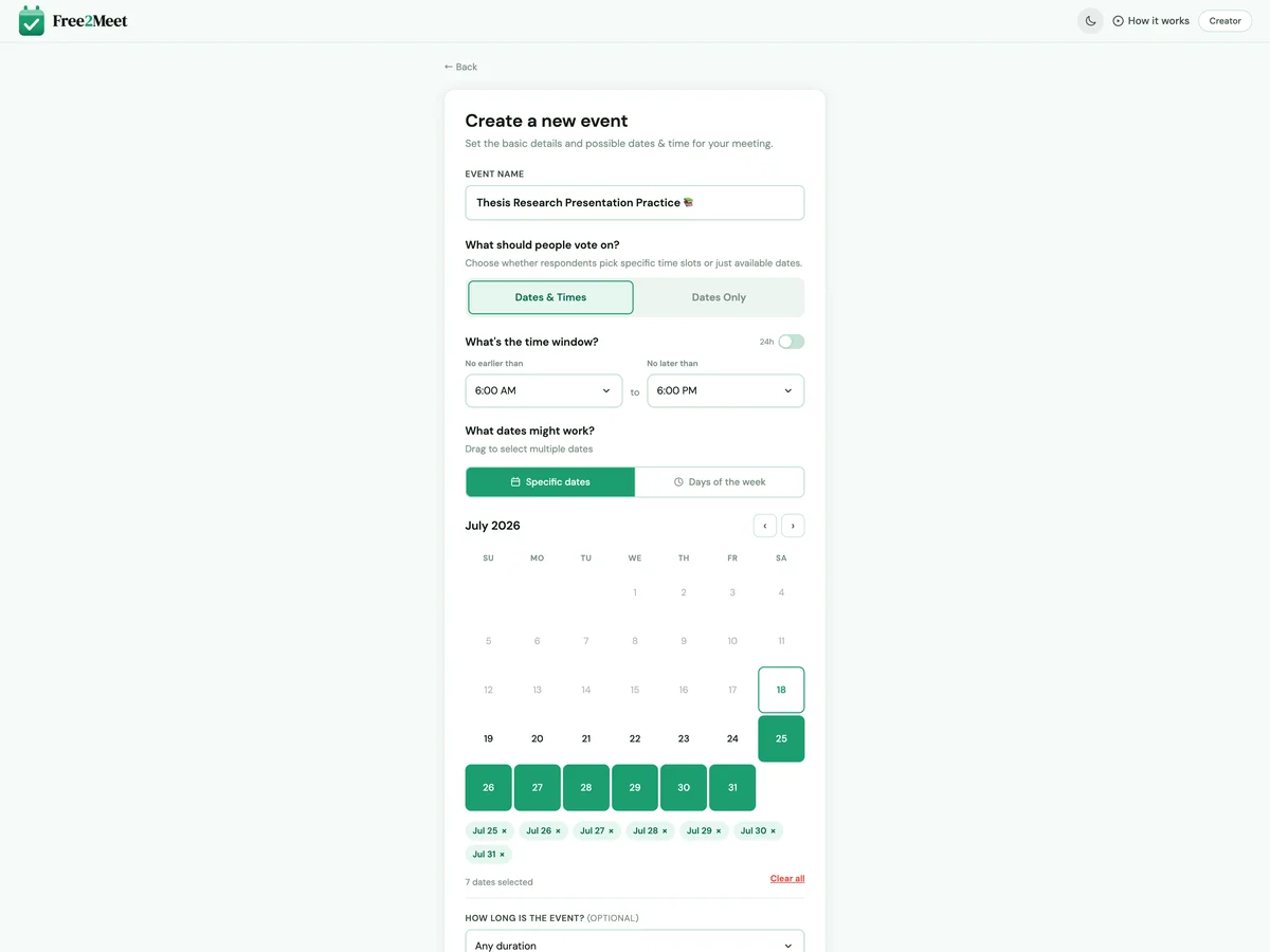 Creating a datetime group scheduling poll on Free2Meet